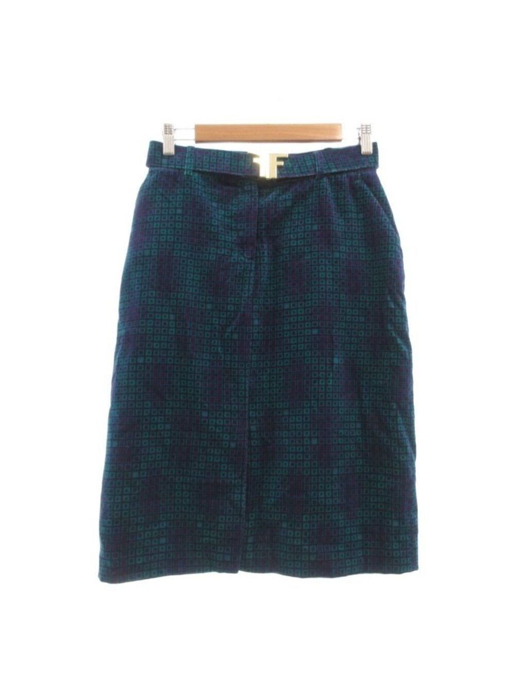 Fendi Skirt Calfskin Length Logo Geometric Pattern Buckle Velour Green MG 38